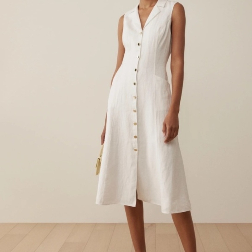 Reformation Sleeveless Linen Button-Front White Midi Dress